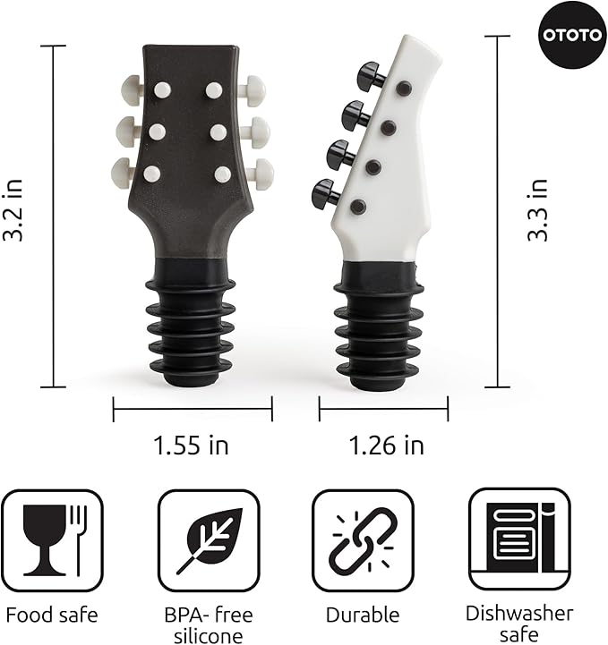OTOTO Wine Stoppers Set of 2 – Bass & Guitar Wine Bottle Stopper, Fun Wine Corks, Wine Accessories, Champagne Stopper, Unique Kitchen Gadgets, Quirky Gift (Cork N' Roll)