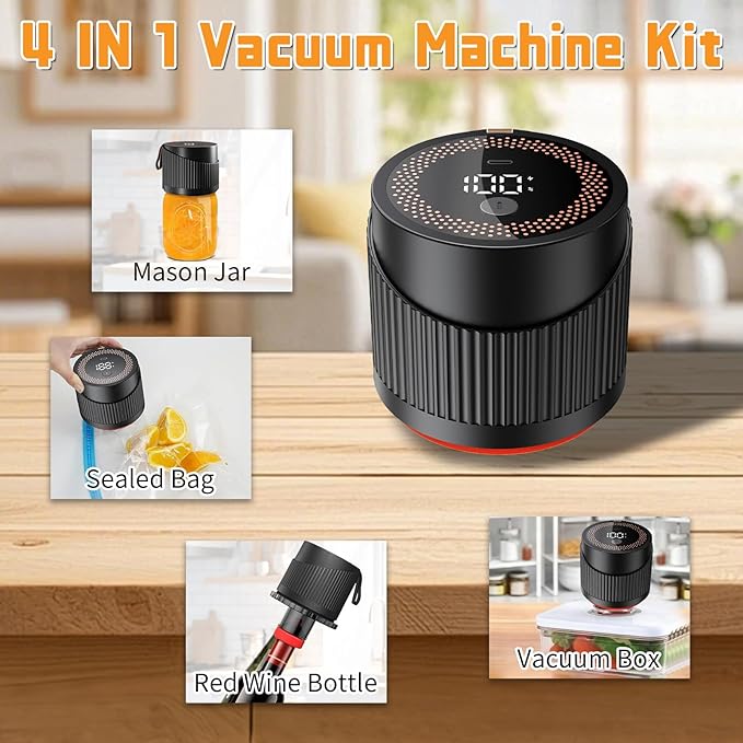 4 IN 1 Mason Jar Vacuum Sealer Kit,Electric Mason Jar Vacuum Sealer,Wide Mouth and Regular Lid, Lid Opener,Wine Stopper Included,for Canning Sealing Preserving Jars,Pickling,Jams Food Storage