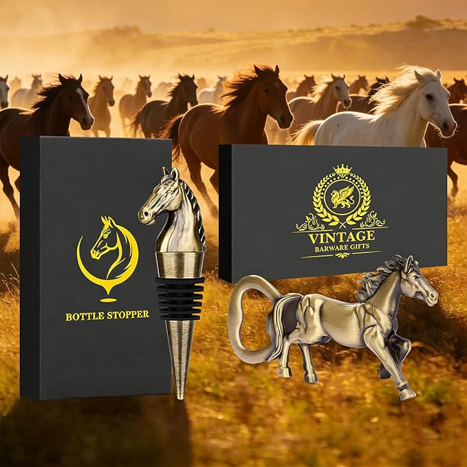 Horse Bar Gift Set, Horse Beer Opener & Horse Head Wine Stopper, Equestrian Gifts for Men, Dad, Coach, Horses Lovers, Bronze with Gift Boxes, Perfect Birthday, Father’s Day, Xmas Present