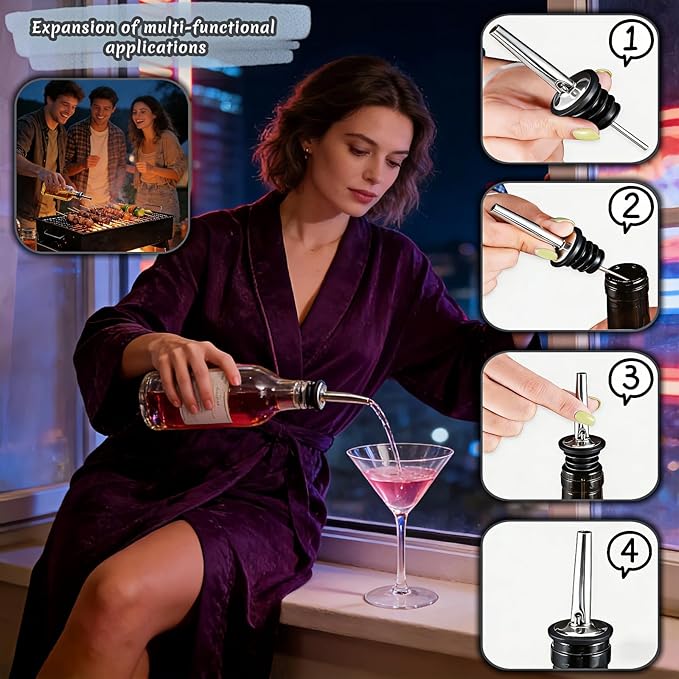 4PCS Premium Wine and Oil Pourer Set, 304 Stainless Steel Pour Spouts for Liquor & Oil - Reusable, Dishwasher Safe, Precision Flow Control, Leak-Proof Seal, Fit Most Wine & Whiskey Bottles (M(Hat 2))