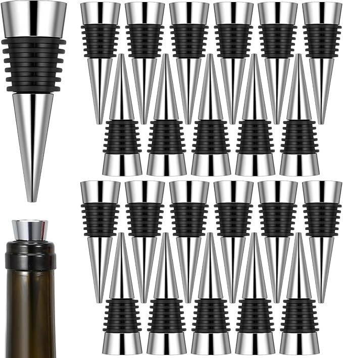 25 Pieces Wine Bottle Stopper Set Kit Reusable Decorative Bottle Stoppers Stainless Steel Wine-Bottle Stopper Kit for Kitchen, Bar, Gifts, Holiday Party, Wedding(Metal Silver)