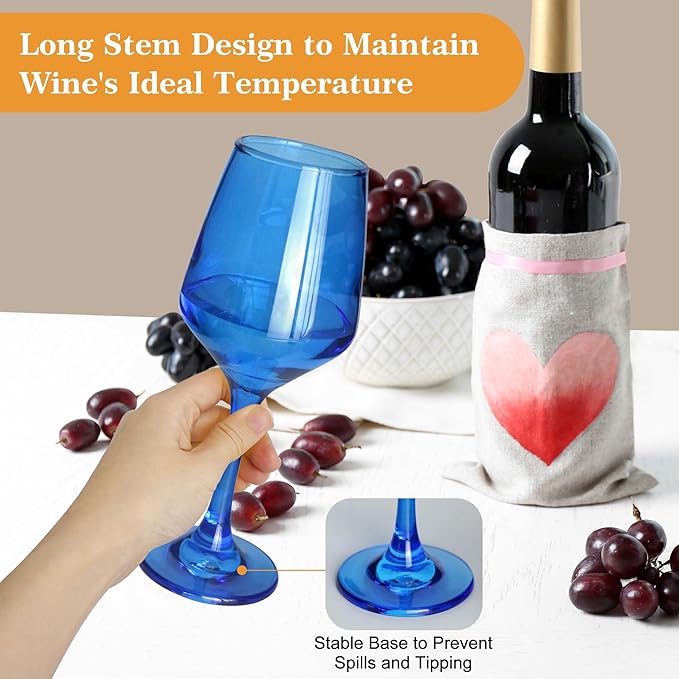 Blue Wine Glasses Set of 6, 12oz Stemmed Glasses, Thick & Colored, Dishwasher Safe Stemware for Red or White, Gift for Party, Holiday, Anniversary, Restaurant, Home Bar, Daily Use