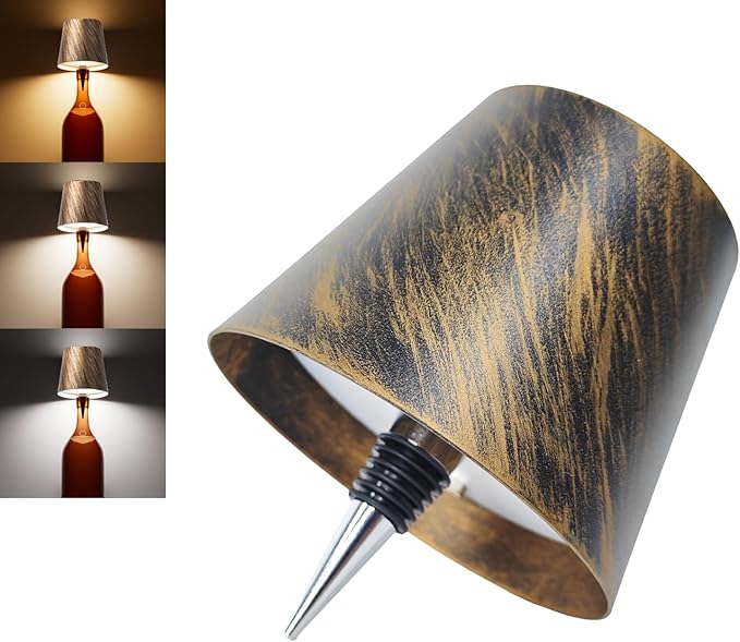 Wireless Bottle Lamp, Wireless Bottle Lamp Shade with 3 Color Temperature, Rechargeable Stepless Dimming LED Wine Bottle Lights for Any Bottle, Desk Lamp for Bedroom Restaurant Bar - Bronze