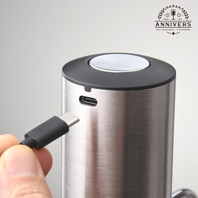 Electric Wine Decanter Automatic Wine Aerator Dispenser Pourer, USB-C Rechargeable Storage Base Stainless Steel Tube One-Touch Pump for All Btls, Aérateur Distributeur de Vin Électrique
