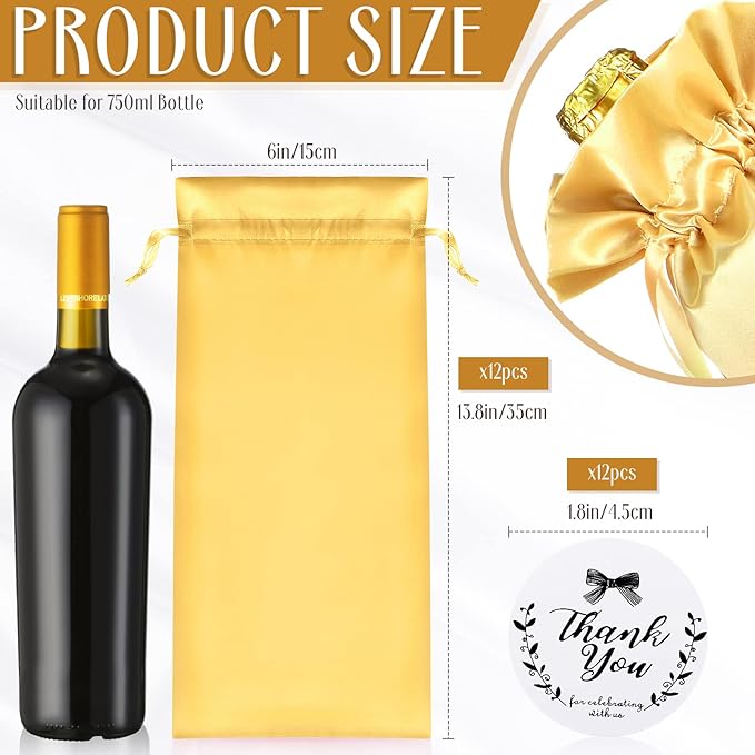 Shappy 12 Pcs Yellow Satin Wine Gift Bags with Drawstrings and Tags, Wine Bottle Bags Covers Reusable for Holiday Party Supplies