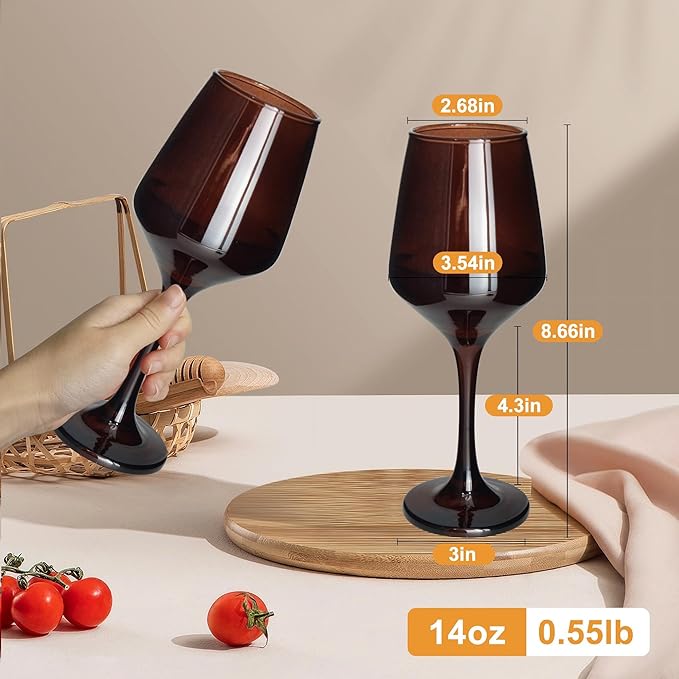 Brown Wine Glasses Set of 6, 14oz Stemmed Glasses, Thick & Colored, Dishwasher Safe Stemware for Red or White, Gift for Party, Holiday, Anniversary, Restaurant, Home Bar, Daily Use