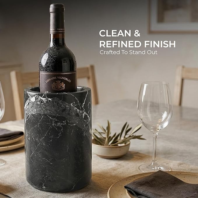 Marble Wine Cooler Black 6.5" Inches Handmade Beverage Cooler For Bar Accessories, Wine Chiller For Bottle and Champagne, Utensil Holder Or Bar Decor, Black