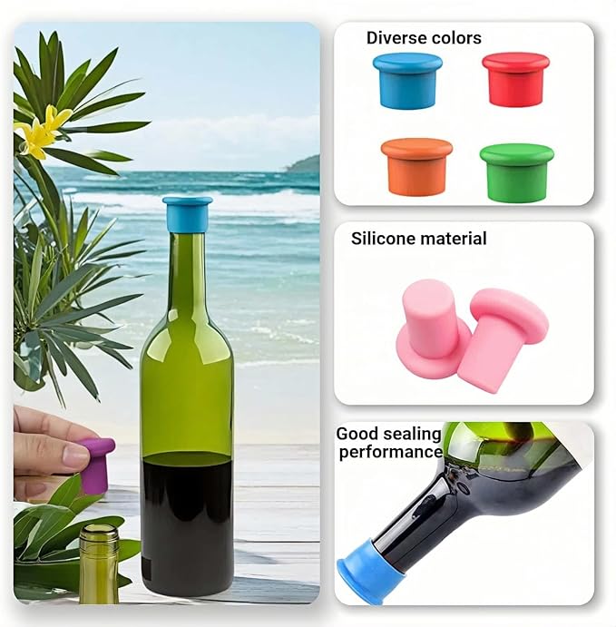 8-Pack Vibrant Silicone Wine Stoppers - Reusable, Airtight Champagne & Beer Bottle Sealer - Leakproof Beverage Savers for Wine, Sparkling Drinks, Soda (Multi-Color)
