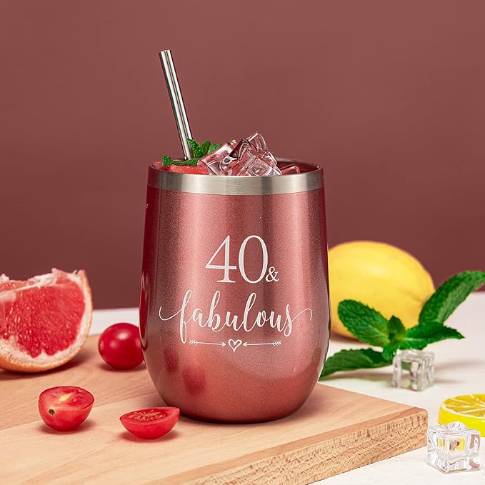 Crisky Rose Gold 40 & Fabulous Wine Tumbler for Women 40th Birthday Gifts for Women, Wife, Mom, Sister, Aunt, Friends, Coworker Her, Vacuum Insulated Coffee Cup,12oz with Box, Lid, Straw