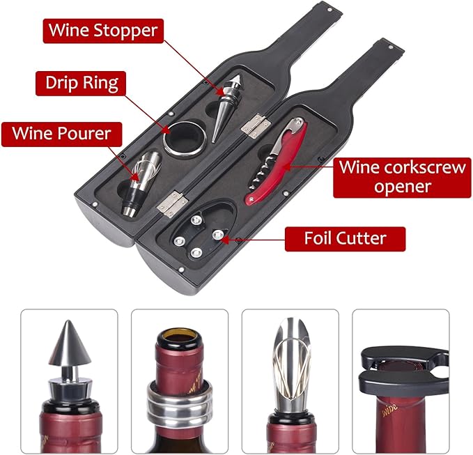 Solaris Wine Accessories Valentine Gift Set, 5 Pcs Deluxe Wine Corkscrew Opener Sets Bottle Shape in Elegant Gift Box, Wine Valentines Day Gifts for Women Men