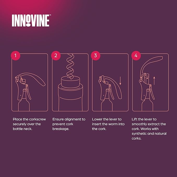 Innovine Level Corkscrew 4-Piece Wine Tool Set – Vertical Lever Corkscrew, 6-Blade Foil Cutter, Drip Stop Pour Spout & Silicone Bottle Stopper – Complete Wine Accessories for Home Bar & Gifting
