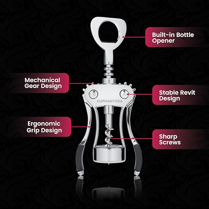 Wine Opener with Built-in Bottle Opener,Wing Corkscrew,Heavy Duty Screw, Sturdy Lever Mechanism, Ergonomic Handles, Premium Quality