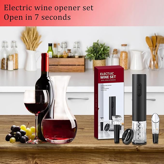 Electric Wine Opener Set, Battery Operated Wine Bottle Opener with Foil Cutter, Wine Pourer and Vacuum Stopper, Automatic Corkscrews for Wine Bottles Kit for Christmas Gift Home Kitchen Bar