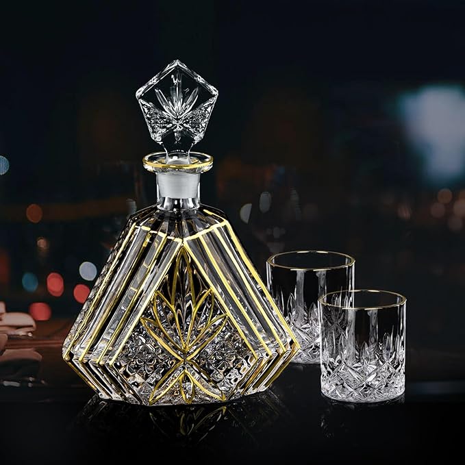 Hand-painted Gold Decanter Set for Men - Whiskey Decanter, Wine Aerator, and 2 Glasses, Liquor Bottles, Bourbon and Tequila Decanter,crystal decanter and 2 old fashioned glass