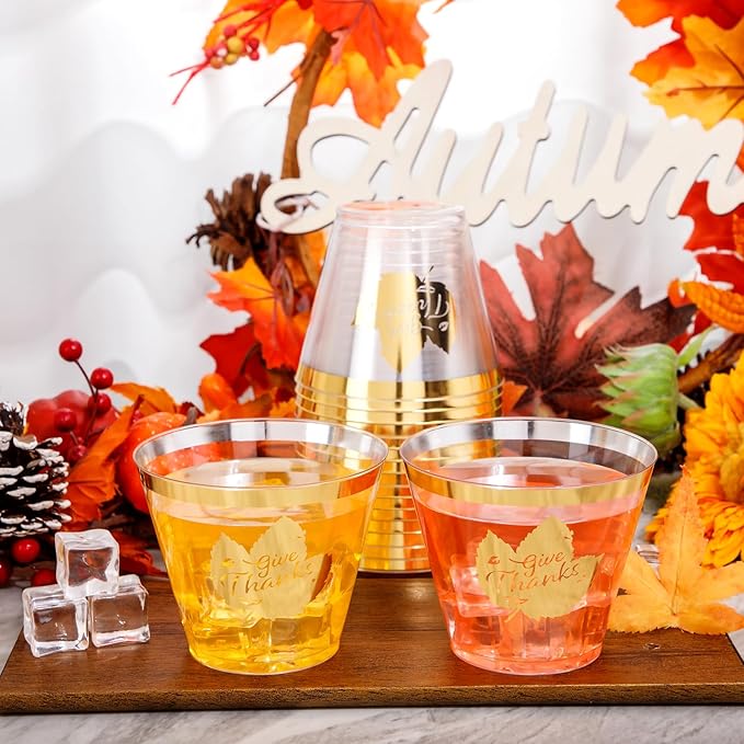 DaYammi 60Pcs Thanksgiving Gold Plastic Cups 9 Oz Gold Rimmed Clear plastic Cups gold Thanksgiving Disposable Party Cups Plastic Drinking Cup Cocktail Glasses Disposable Wine Glasses