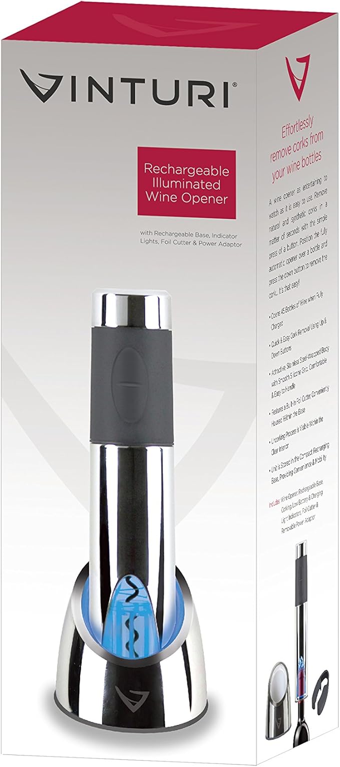 Vinturi Electric Rechargeable Wine Opener with Base and Foil Cutter, Silver