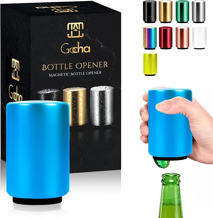 GOCHA | Magnetic Beer Bottle Opener with Automatic Cap Catcher – Stainless Steel Push-Down Gadget, One-Hand Bar Tool for Beer & Soda Bottles (Blue)