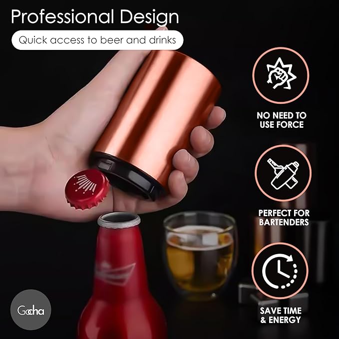 GOCHA | Magnetic Beer Bottle Opener with Automatic Cap Catcher – Stainless Steel Push-Down Gadget, One-Hand Bar Tool for Beer & Soda Bottles (Rose Gold)