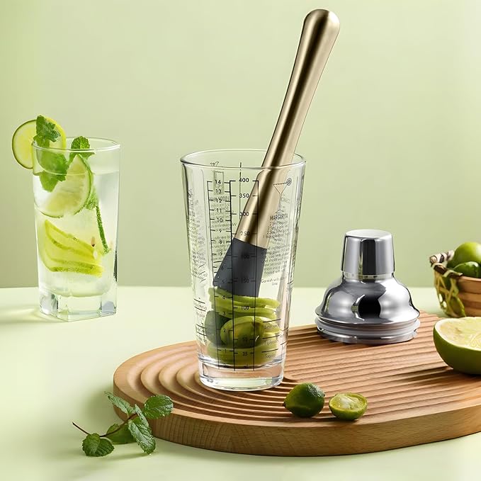 8 Inch Stainless Steel Cocktail Muddler and Mixing Spoon Home Bar Tool Set - Create Delicious Mojitos Old Fashioned/Mint Julep/Other Fruit Based Drinks (Gold)
