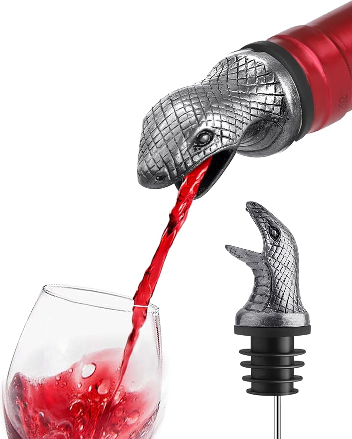 Cobra Snake Wine Pourer, Metal Liquor Bottle Pourer Spout, Stainless Steel Wine Aerator with Leak-Proof Stopper, Novelty Bar Accessory for Whiskey Vodka Tequila, Gifts for Men, Bartenders, Parties