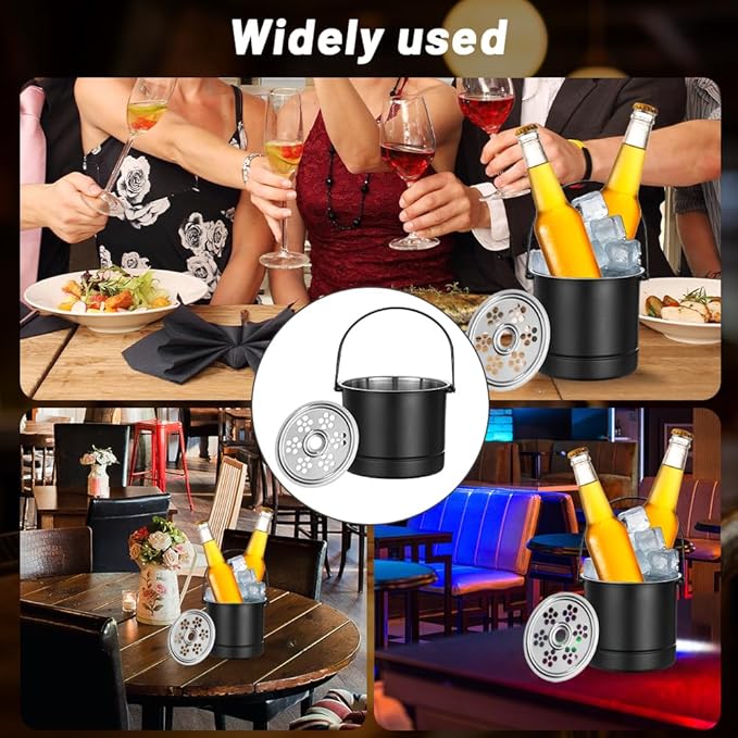 1L Ice Bucket, Professional Thickened Stainless Steel Ice Container with Filter Plate and Carrying Handle, Portable Chiller Bin Basket Black for Bar Parties Restaurant Bar(14x13.8x12.5cm)