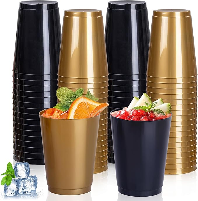 DaYammi 100 Pack Plastic Cups for Party- Disposable Gold Cups and Black Cup Include: 50 Black Plastic Cup and 50 Gold Disposable cup for Party Supplies Festive Celebrations Wine Beer Beverage