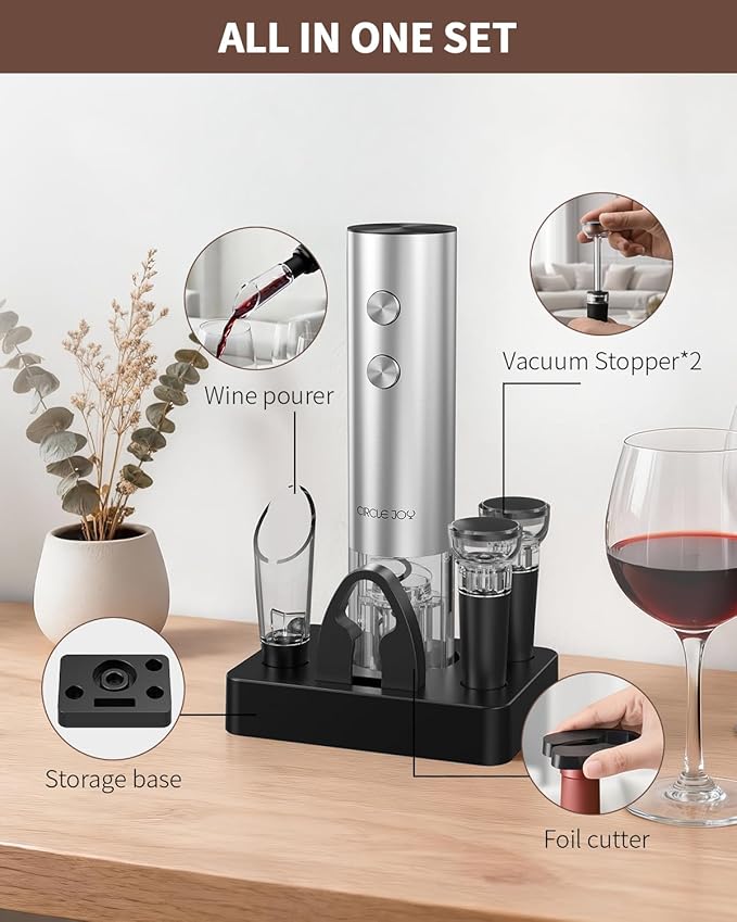 CIRCLE JOY Electric Wine Opener Rechargeable, 6-in-1 Stainless Steel Electric Cordless Wine Bottle Opener with Pourer & Foil Cutter, 2 Vacuum Preservation Stoppers and Base, Gift for Home, Party, Bar