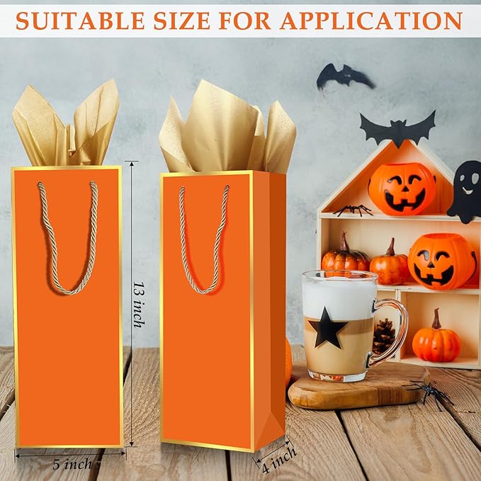 TaoBary 50 Pack Wine Gift Bags and Gold Wrapping Paper Set Wine Bags for Bottle Bulk 4 x 5 x 13 Inch Champagne Gift Paper Sack with Handles for Christmas Appreciation Wedding Anniversary (Orange)