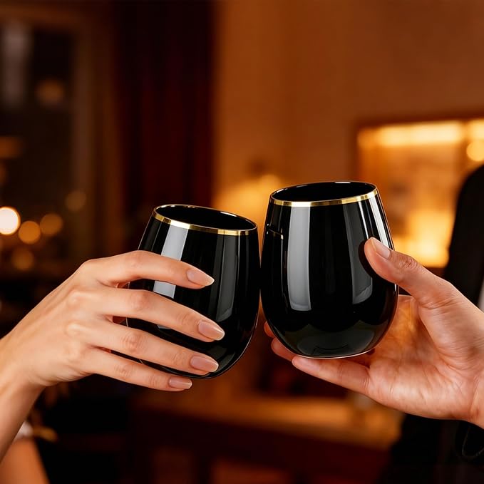 GuanQiao 24 Pack Plastic Wine Glasses with Gold Rim, 12oz Black Stemless Disposable Wine Cups, Shatterproof & BPA-Free Reusable Drinkware for Wedding, Party, New Year and Bridal Shower