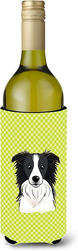 Caroline's Treasures BB1303LITERK Checkerboard Lime Green Border Collie Wine Bottle Hugger Bottle Cooler Sleeve Hugger Machine Washable Collapsible Insulator Beverage Insulated Holder
