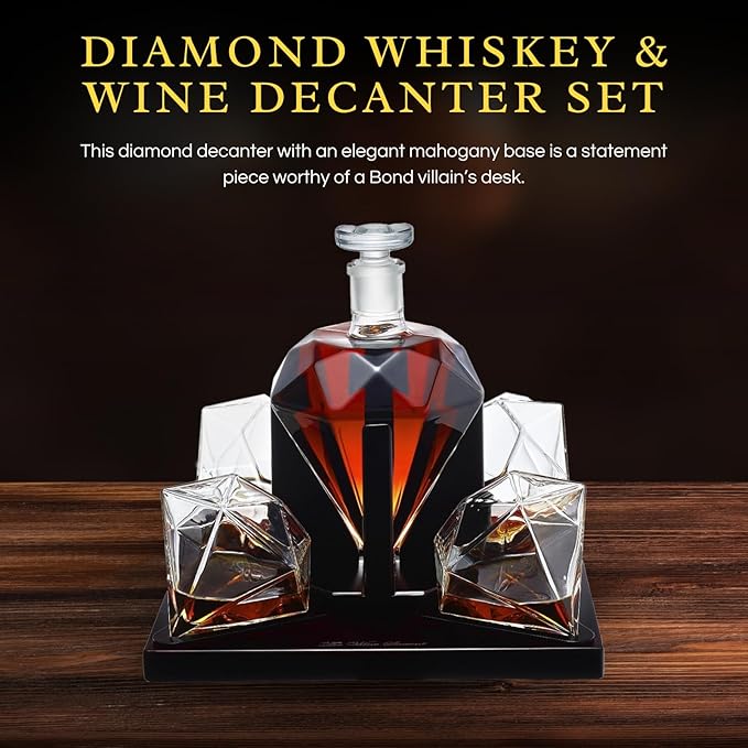 Luxury Diamond Whiskey Decanter Set with 4 Matching Glasses & Mahogany Wood Base - 750ml Hand-Blown Borosilicate Glass Liquor Dispenser for Bourbon & Scotch - Unique Home Bar Gift, Anniversaries Gifts