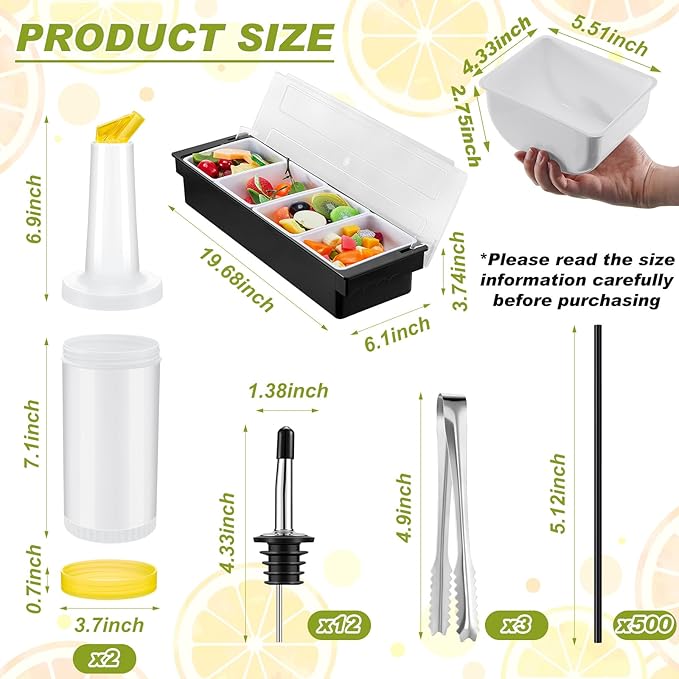 Mifoci Bartending Supplies 4 Compartments Garnish Tray with Lid Bar Caddy 3 Tier Glass Rimmer Stainless Steel Bottle Pourers Juice Pouring Cocktail Tools Plastic Serving Accessories