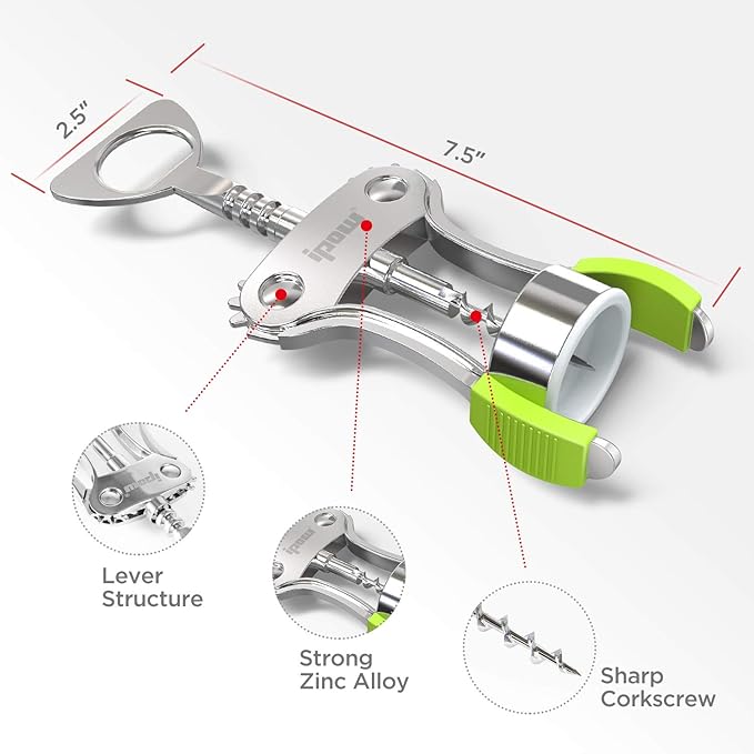 IPOW Wine Opener, Zinc Alloy Wine Bottle Opener, Wing Corkscrew Heavy Duty, Manual Multifunctional Cork Screw for Waiter, Green