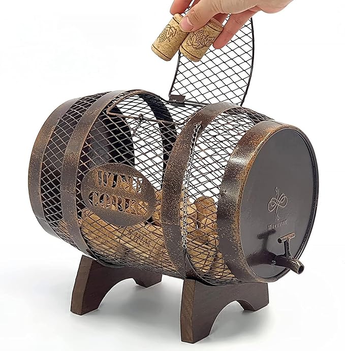 Rustic Metal Large Barrel Wine Cork Holder Display On Wooden Stand, Container for Display, Home Decor, Housewarming Gifts, Home Bar Decor, Wine Gifts, Engagement Gifts, Kitchen Decor
