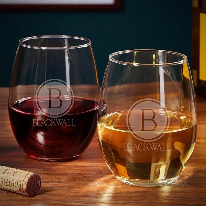 HomeWetBar Engraved Wine Glasses Set of 4 - Personalized Stemless Wine Glasses