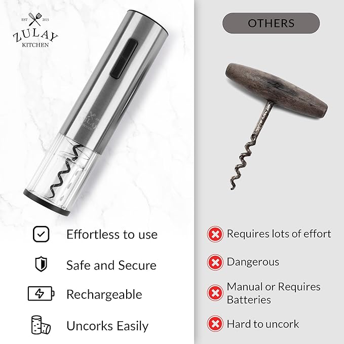 Zulay Kitchen Rechargeable Electric Wine Opener Set with Storage Base - Automatic Corkscrew Wine Bottle Opener, Pourer, Foil Cutter & Vacuum Stopper - Stainless Steel Wine Gift Set, Silver