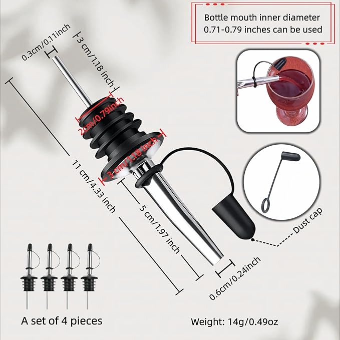 4PCS Premium Wine and Oil Pourer Set, 304 Stainless Steel Pour Spouts for Liquor & Oil - Reusable, Dishwasher Safe, Precision Flow Control, Leak-Proof Seal, Fit Most Wine & Whiskey Bottles (L (Hat 3))