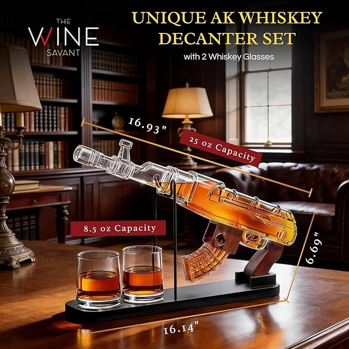 Gifts for Men Dad, Guns Whiskey Decanter Set for Men - Gun Decanter, Detachable Magazine & 2 Full Size Whiskey Glasses, Liquor Dispenser for Bar, Cool Anniversary Birthday Military Present Ideas Gift