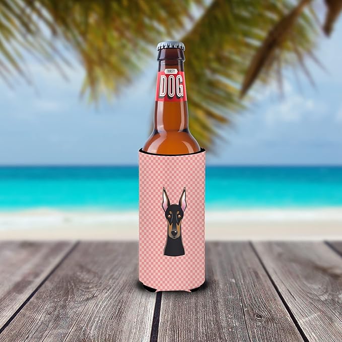 Checkerboard Pink Doberman Ultra Beverage Insulators for slim cans BB1245MUK