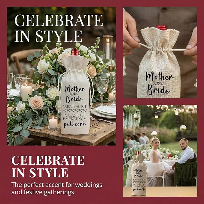 Buildinest Mother Of The Bride Wine Bag Gift, Mother of the Bride Survival Kit Wine Bottle Gift Bag Gifts for Mom Mothers Day Gift Wedding Party Thank You Gifts Reusable Linen Pull Cork Gift Bag-A11