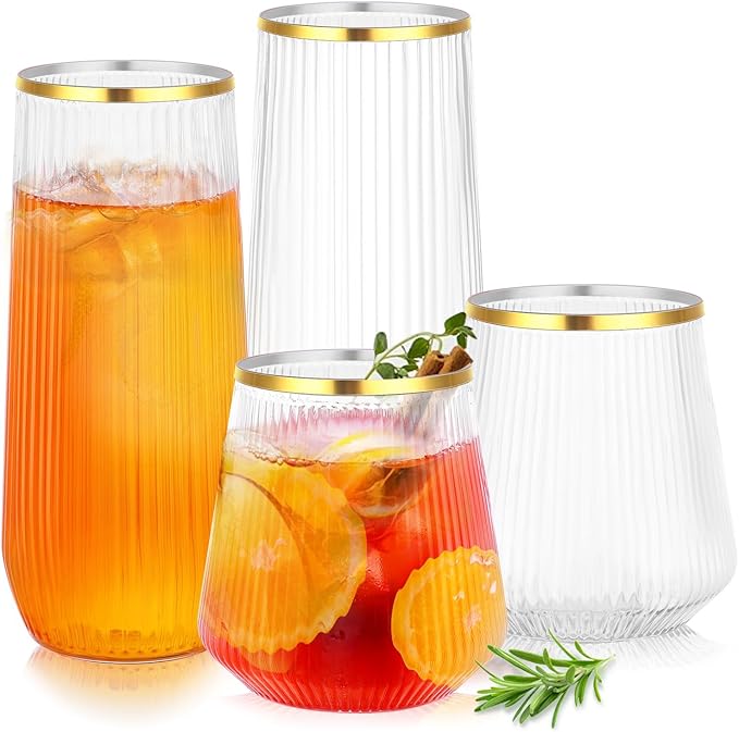 mwellewm 48 Pcs Plastic Wine Glasses Disposable, Cocktail Glasses Set 9 OZ Stemless Champagne Flutes 12 OZ Ribbed Ripple Reusable Party Cup for Wedding Home Office Bar Drinking(Gold Rim)