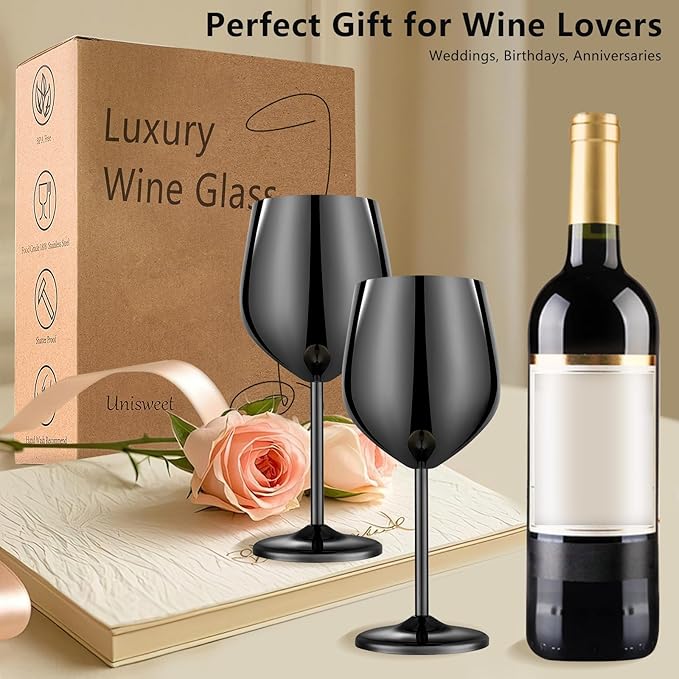 Stainless Steel Wine Glasses Set of 4 Unbreakable Wine Glass 18 oz Unique Metal Wine Goblets for Outdoor, Travel, Camping, Pool, Ideal Gift for Wine Lovers (Mirror-Black)