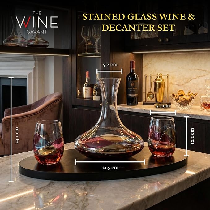 Artisanal Hand-Painted Decanter & Stemless Wine Glasses Set – Mother’s Day, Wife, Mom, or Friends – Romantic Stained Glass Windows, 2-Piece Set – Birthday or Housewarming Gift Idea
