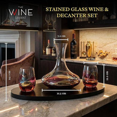 Artisanal Hand-Painted Decanter & Stemless Wine Glasses Set – Mother’s Day, Wife, Mom, or Friends – Romantic Stained Glass Windows, 2-Piece Set – Birthday or Housewarming Gift Idea