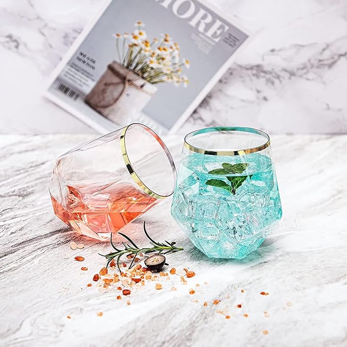 100 Pcs 12 Oz Plastic Wine Cups Gold Rim Plastic Diamond Wine Glass Disposable Stemless Wine Glasses Unbreakable Diamond Wine Glasses for Housewarming Birthday Party Wedding