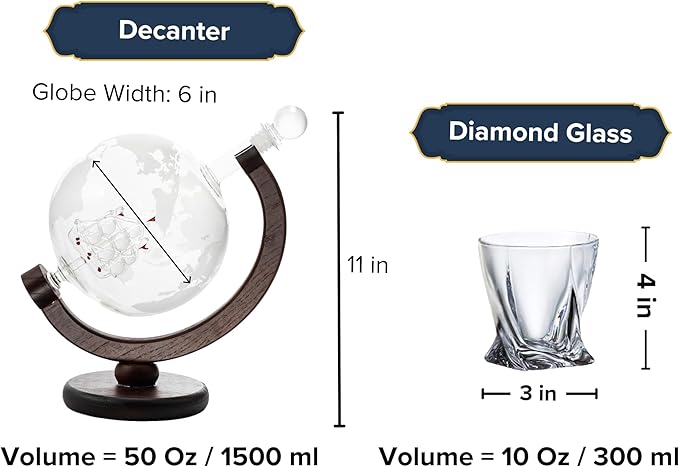 Whiskey Decanter Set, 50 oz - Glass Drink Dispenser for Wine, Alcohol, Scotch, Bourbon and Brandy with 2 Diamond Whiskey Glasses - Ideal Dad Gifts (Carrack Ship)