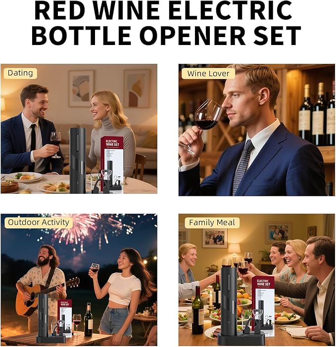 Electric Bottle Opener 5-in-1 ElectricWine Bottle Opener with Rechargeable Storage Base, Foil Cutter, Wine Pour& Wine Stopper