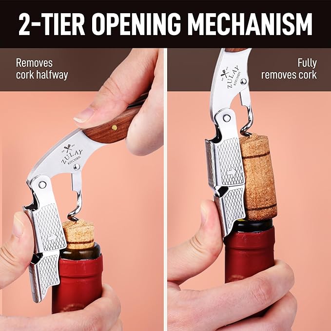 Zulay Kitchen Corkscrew Wine Opener - Premium 420 Stainless Steel & Rosewood Wine Bottle Opener - Double Hinged Opener with Foil Cutter & Cap Remover - Rosewood (Pack of 2)