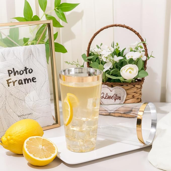 DaYammi 100 Pack Gold Plastic Cups 16 Oz Elegant Clear Plastic Cups Gold Rimmed Disposable Wine Glasses Fancy Disposable Party Cup Wedding Cup Drinking Tumblers Cocktail Glasses with Gold Rim
