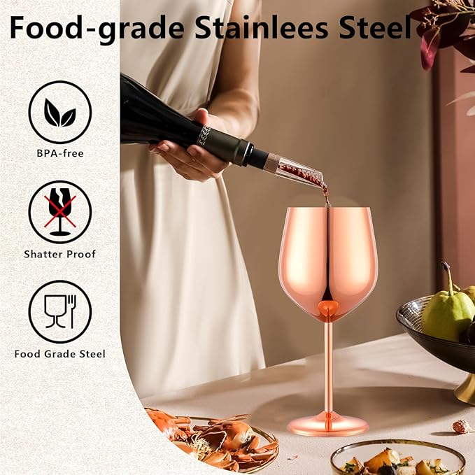 Stainless Steel Wine Glasses Set of 4 Unbreakable Wine Glass 18 oz Unique Metal Wine Goblets for Outdoor, Travel, Camping, Pool, Ideal Gift for Wine Lovers (Mirror-Rose Gold)
